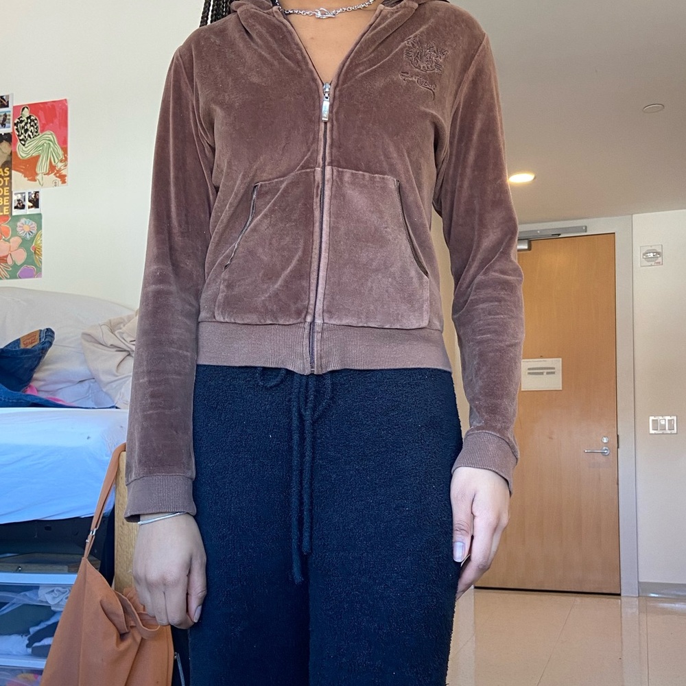 Brown Hale Bob velour zip up sweater